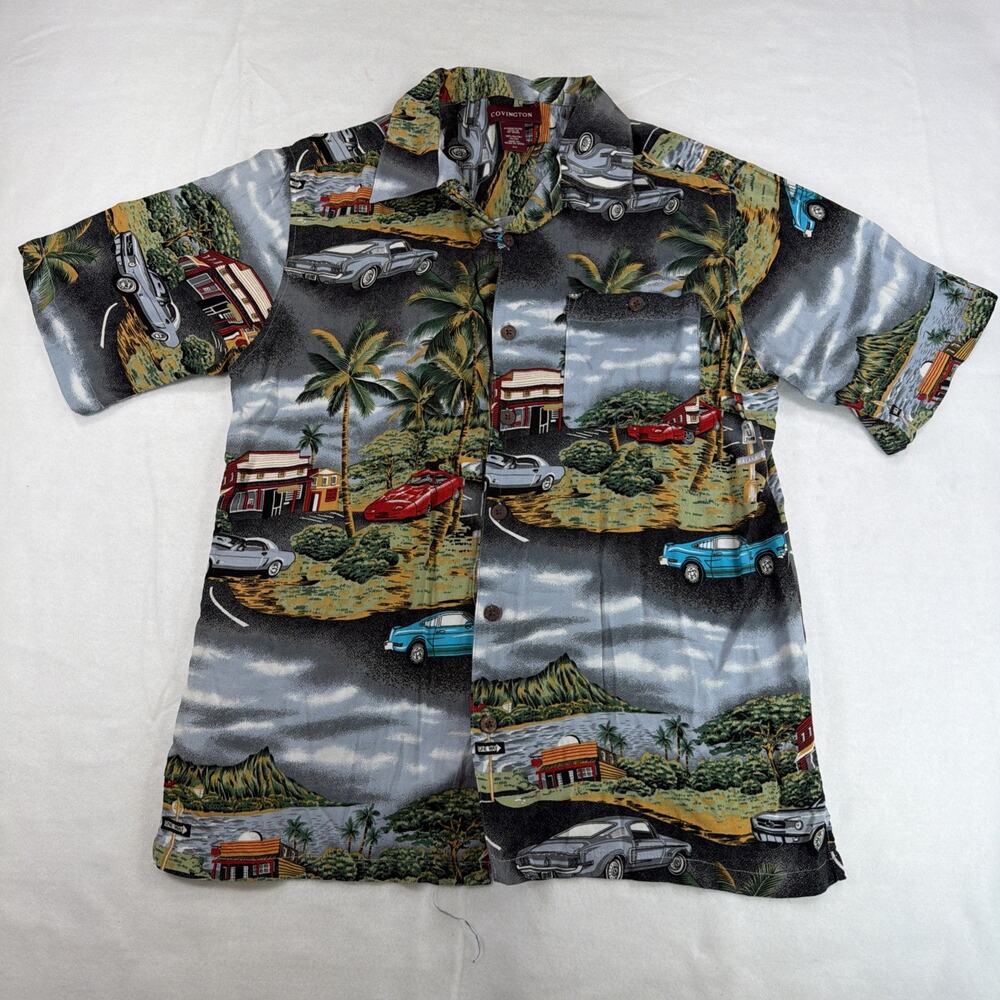Covington Mens Small S 100% Rayon Hawaiian Aloha Shirt Classic Cars Ford Mustang
